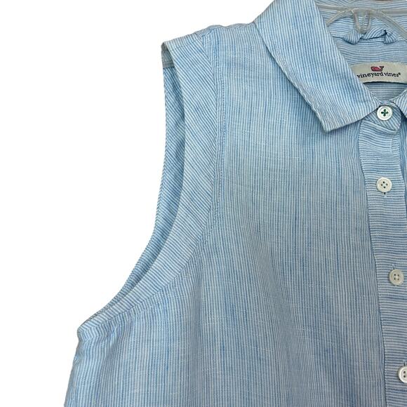 Vineyard Vines Tiny Breeze Linen Shirt Dress 8 Blue White Striped Pockets - Picture 3 of 9